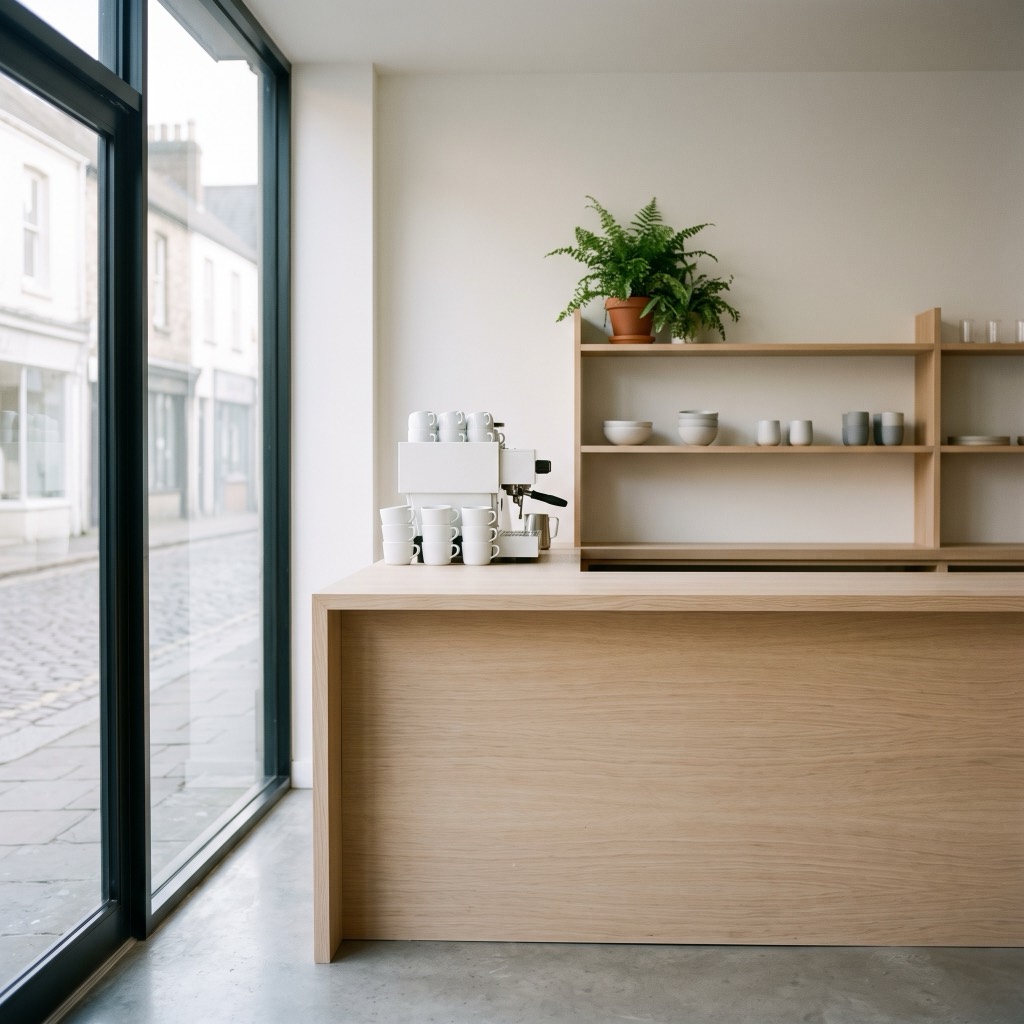 A freshly cleaned shop counter in pale oak, with shelves behind it