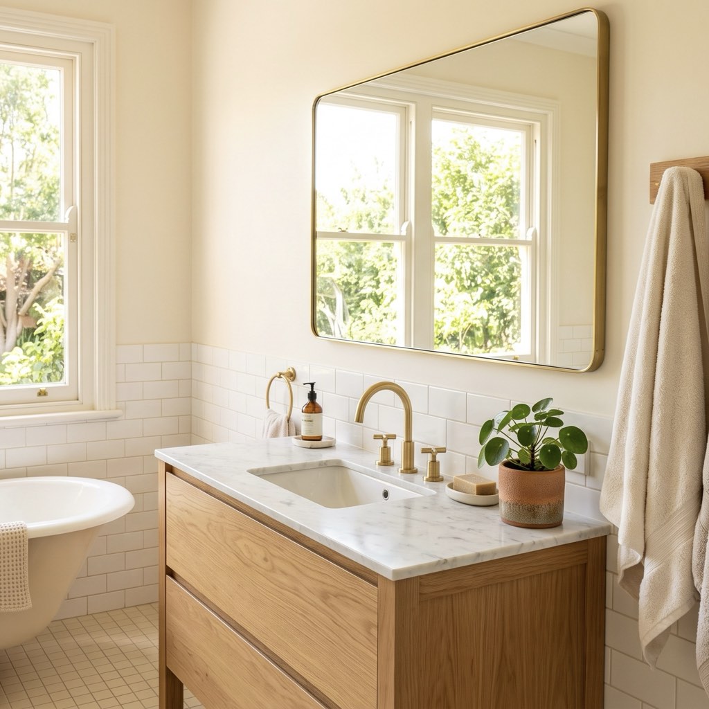 A gleaming, spotless bathroom with brass fittings