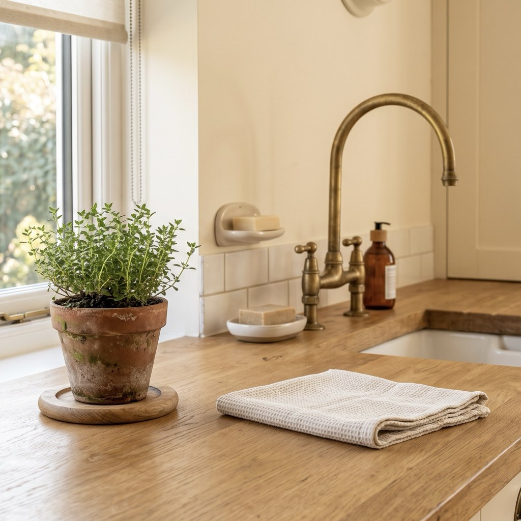 A freshly cleaned kitchen worktop with a brass tap and a potted herb